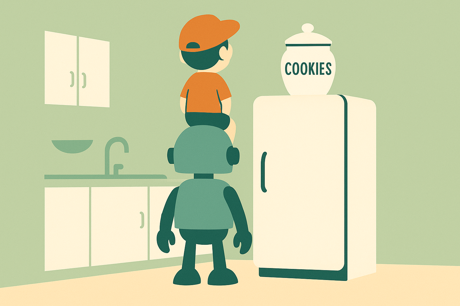 Whimsical kitchen scene with person and robot